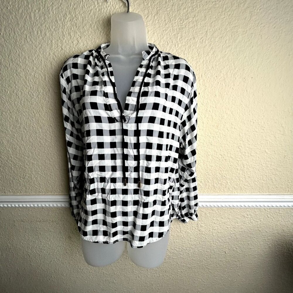 Anthropologie Maeve Black White Checked Tunic Shirt Small Womens Cuffed Sleeve
